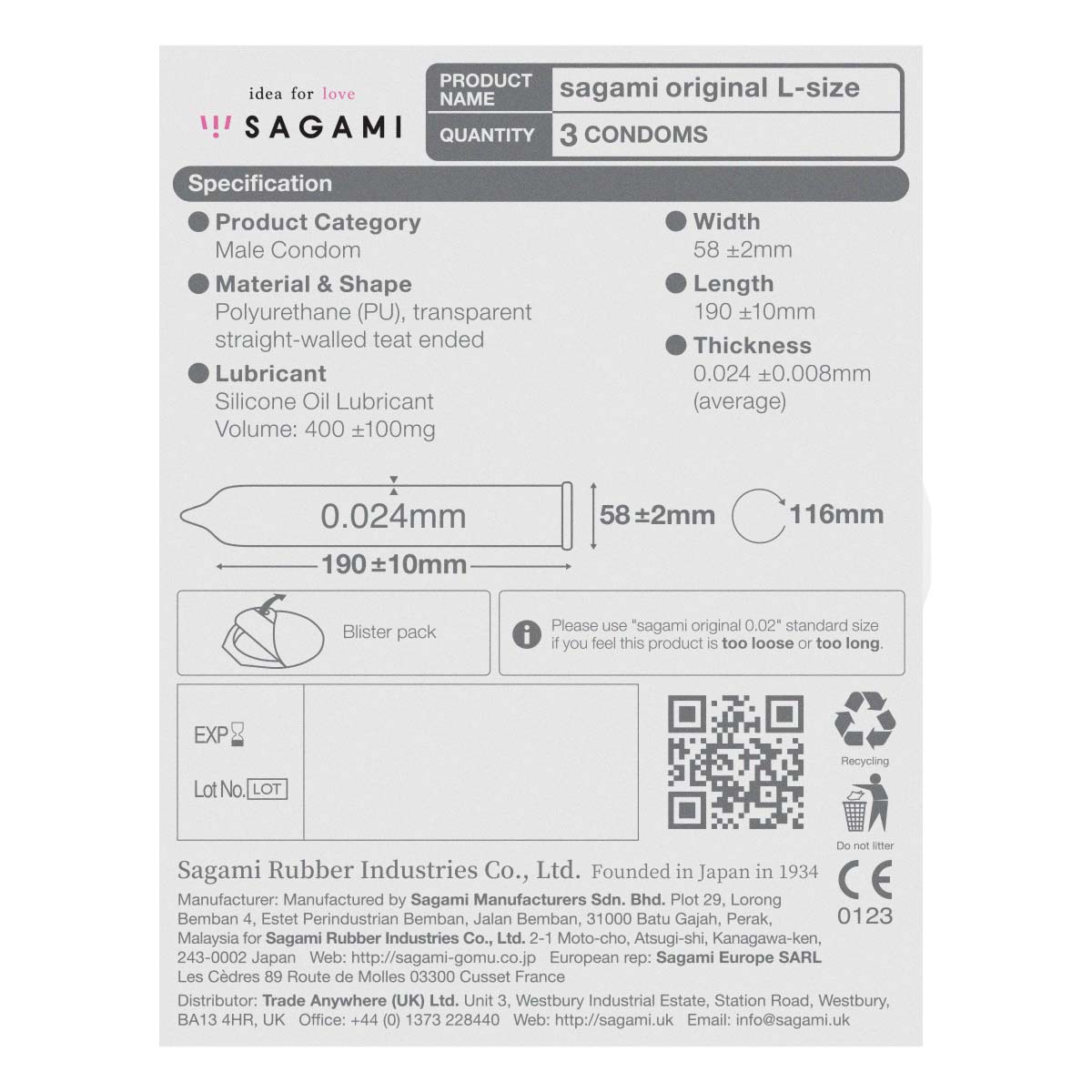 Sagami Original 0.02 L-size (2nd generation) 58mm 3's Pack PU Condom (UK)-thumb_3