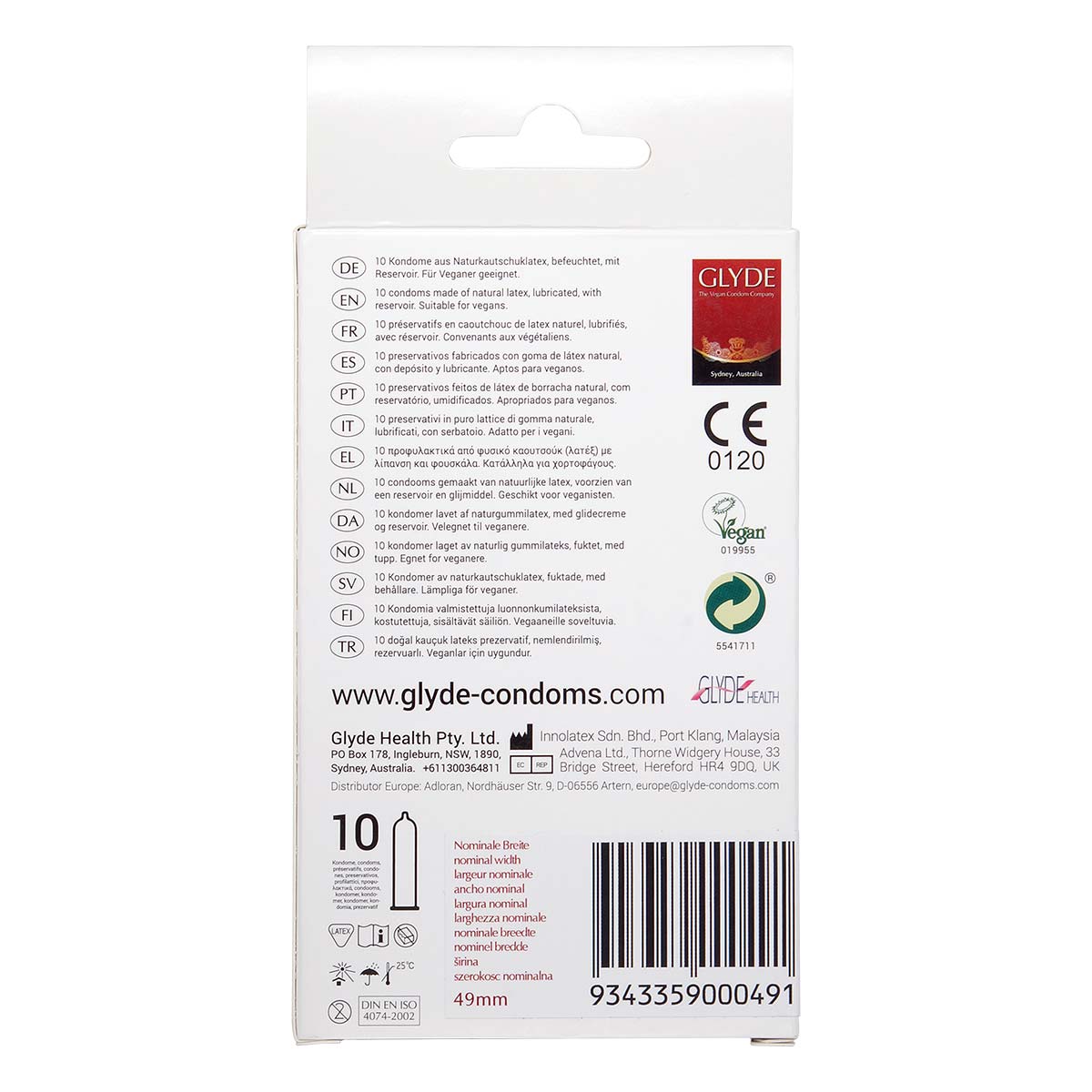 Glyde Vegan Condom Slimfit Strawberry 49mm 10's Pack Latex Condom-p_3