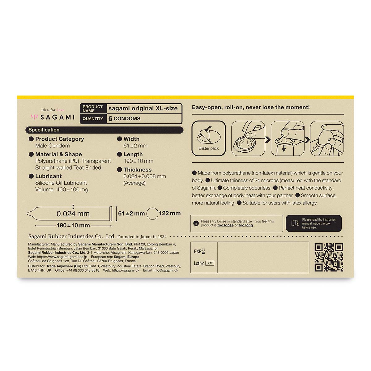 Sagami Original 0.02 XL-size 61mm 6's Pack PU Condom (UK)-p_3